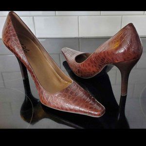 BCBG Brown Crocodile Embossed Leather